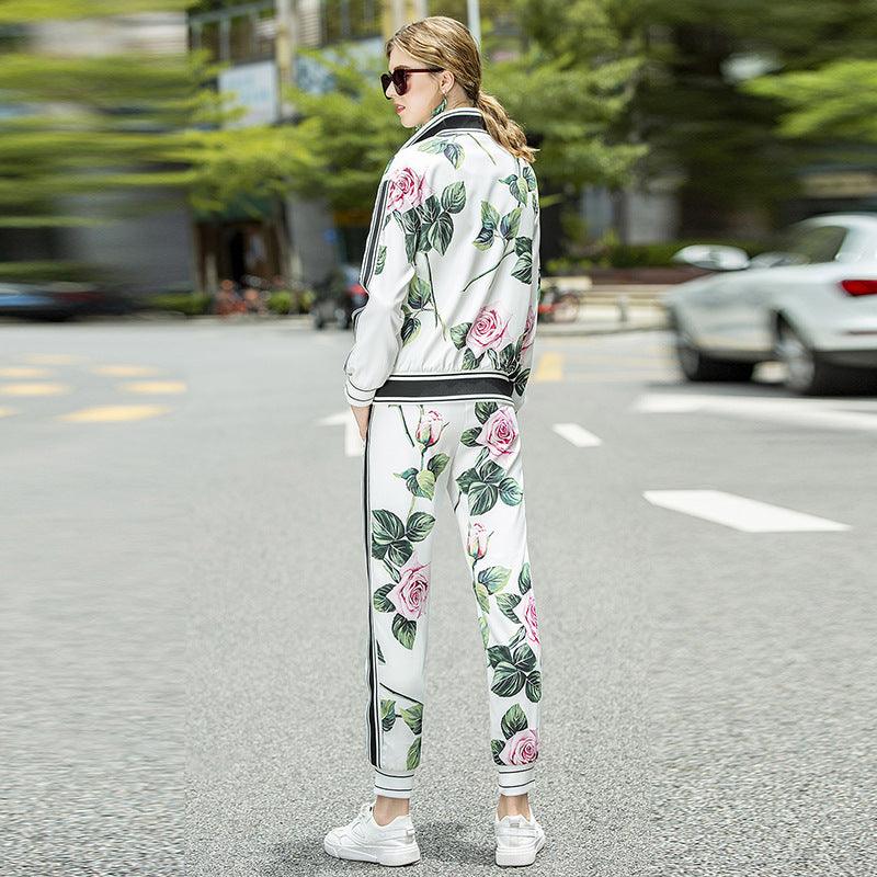 Fashion Casual Printed Long Sleeved Jacket Elastic Waist Stitching Trousers Suit - Cruish Home