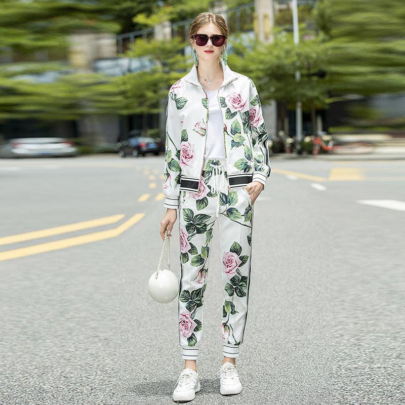 Fashion Casual Printed Long Sleeved Jacket Elastic Waist Stitching Trousers Suit - Cruish Home