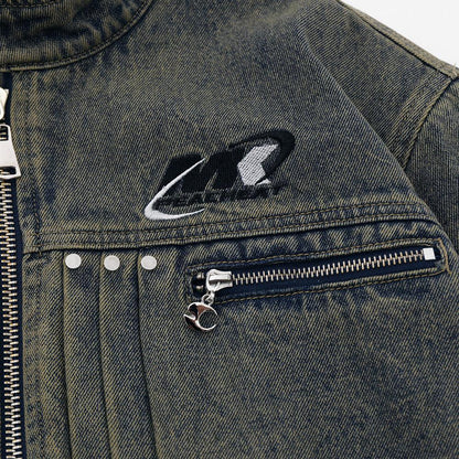 Washed And Worn Zipper Pocket Denim Jacket - Cruish Home