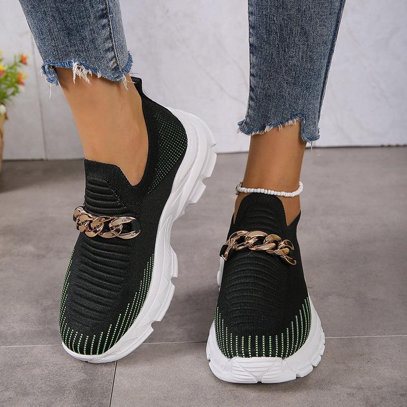 Fashion Chain Design Mesh Shoes For Women Breathable Casual Soft Sole Walking Sock Slip On Flat Shoes - Cruish Home