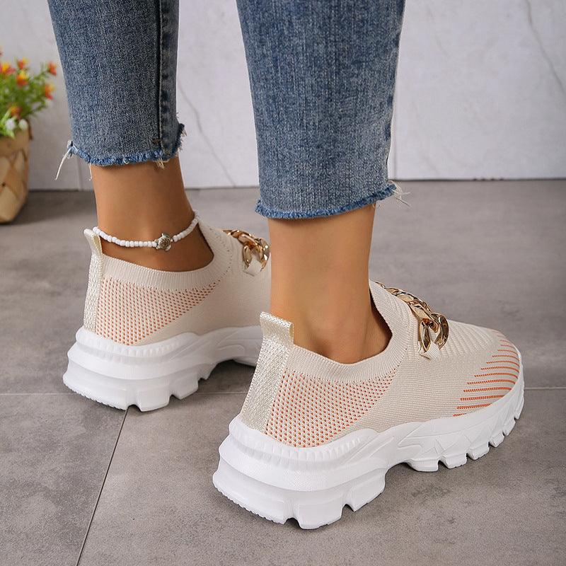 Fashion Chain Design Mesh Shoes For Women Breathable Casual Soft Sole Walking Sock Slip On Flat Shoes - Cruish Home