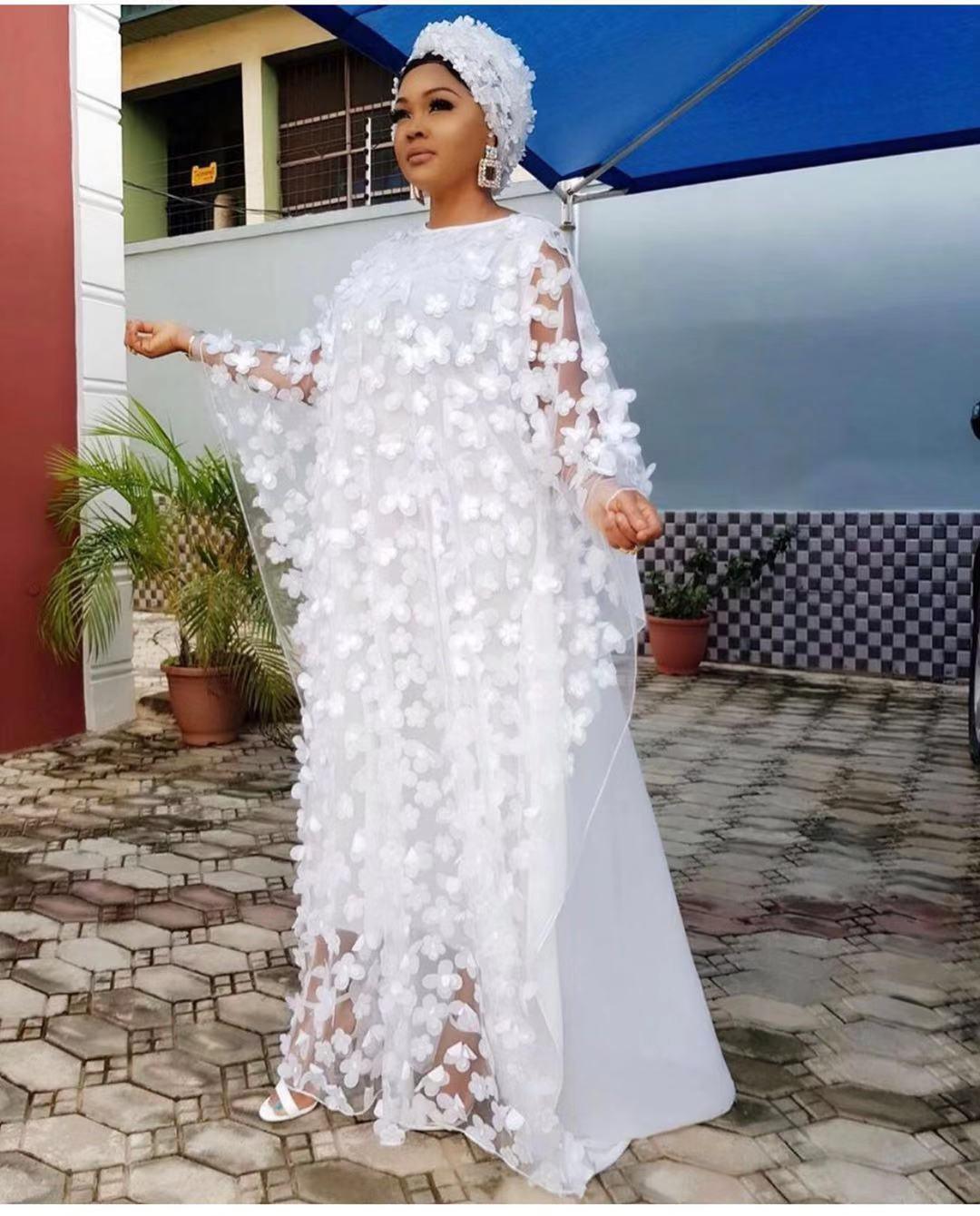African Women's Dress Three-dimensional Embroidered Flower Net Yarn Crew Neck - Cruish Home