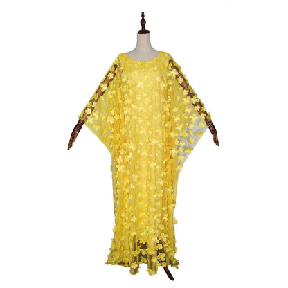 African Women's Dress Three-dimensional Embroidered Flower Net Yarn Crew Neck - Cruish Home