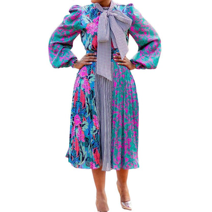 African Plus-size Women's Print Patchwork With Long Pleated Skirt - Cruish Home