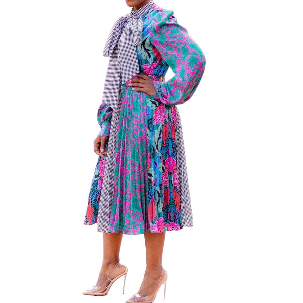 African Plus-size Women's Print Patchwork With Long Pleated Skirt - Cruish Home