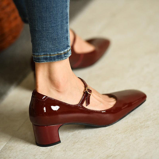 Burgundy bright leather strap square toe shoes for women - Cruish Home