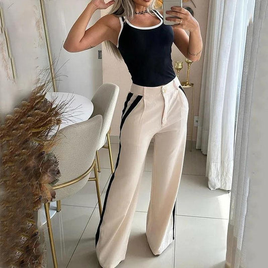 Autumn New Contrast Color Suspenders Slim High Waist Trousers Two-piece Set For Women - Cruish Home