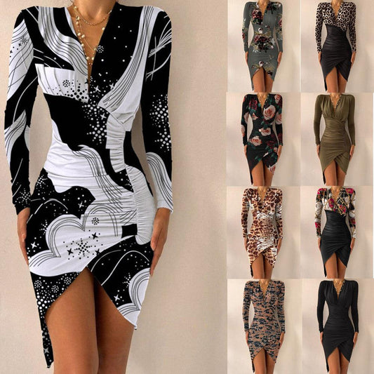 Autumn And Winter Long Sleeve V-neck Printed Tight Split Dress Women's Clothing - Cruish Home